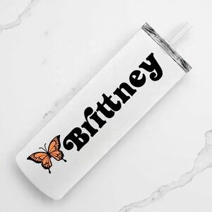 NWT Custom Name Butterfly Tumbler – Skinny Frosted/White – 20oz/18.5oz